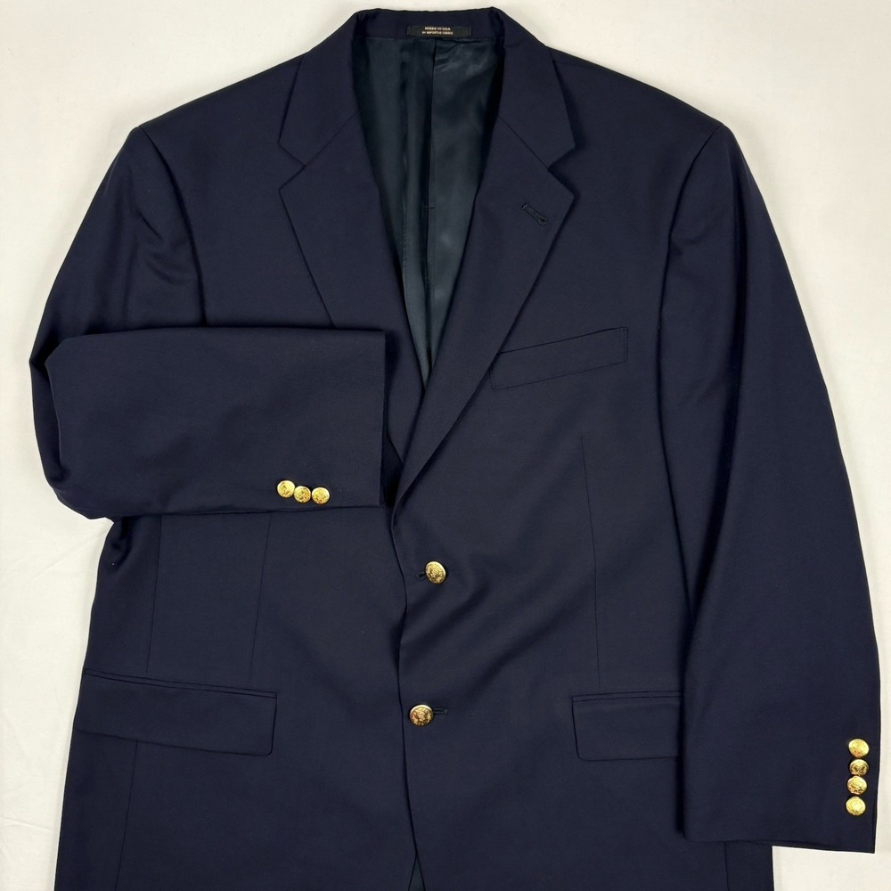 VTG 90s Hart Schaffner Marx Navy Blazer Gold Crest Buttons Flap Pockets USA